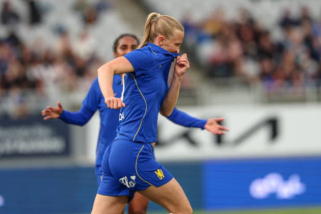 New Zealand International Football Festival Chelsea FC Womens Aggie Beever-Jones celebrates her goal. New Zealand International Football Festival - Chelsea FC Women v Auckland Invitational XI Women at Eden Park, Auckland, New Zealand, Saturday 8 August 2026. Photo: Shane Wenzlick z Copyright: xShanexWenzlickx xPhotosport.nzx