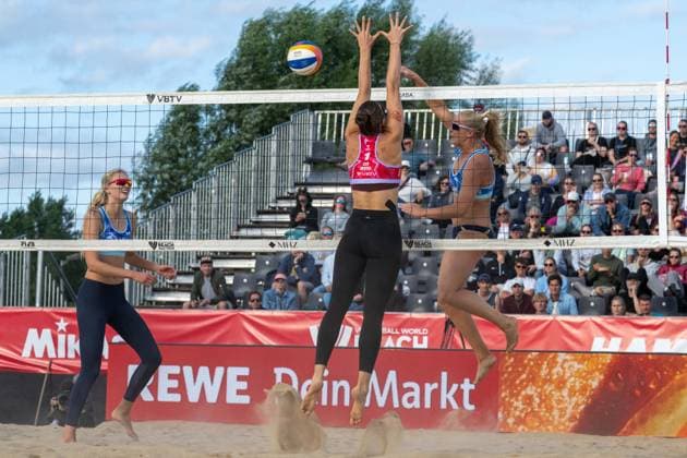 HAMBURG, GERMANY - AUGUST 7: Sara Hughes (Player No. 1, USA), Ally Batenhorst (Player No. 2, USA) during the Beach Pro Tour - Elite 16 at Hamburg on August 7, 2026 in Hamburg, Germany. Germany Copyright: xPeterxWeberx