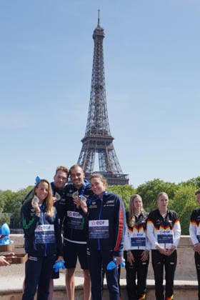 Italy team silver medal ( Barbara Pozzobon, Ginevra Taddeucci, Marcello Guidi e Gregorio Paltrinieri ) during 4x1500 Open Water Relay at the European Aquatics Championships Paris 2026, Paris, August 08, 2026 .  Copyright: xGianxMattiaxD Alberto LaPressex