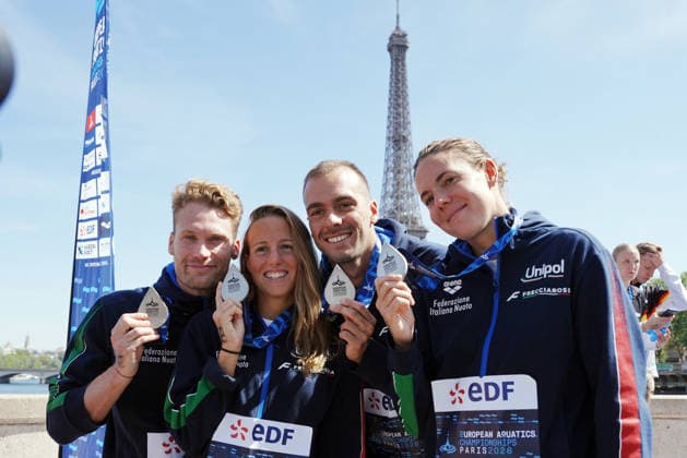 Italy team silver medal ( Barbara Pozzobon, Ginevra Taddeucci, Marcello Guidi e Gregorio Paltrinieri ) during 4x1500 Open Water Relay at the European Aquatics Championships Paris 2026, Paris, August 08, 2026 .  Copyright: xGianxMattiaxD Alberto LaPressex