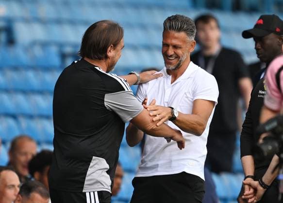 Daniel Farke manager of Leeds United and Martin Demichelis manager of RB Leipzig Leeds United v RB Leipzig, Pre Season Friendly, Football, Elland Road, Leeds, UK - 08 Aug 2026Leeds Elland Road United Kingdom EDITORIAL USE ONLY No use with unauthorised audio, video, data, fixture lists, club league logos or live services. Online in-match use limited to 120 images, no video emulation. No use in betting, games or single club league player publications.  Copyright: xAnnaxGowthorpe Shutterstockx 17051042i