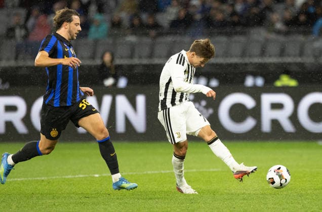 SOCCER JUVENTUS INTER, Juventus players Francisco Conceicao scores a goal during the soccer exhibition match between Juventus and Inter Milan at Optus Stadium in Perth, Saturday, August, 8, 2026. ( NO ARCHIVING PERTH WESTERN AUSTRALIA AUSTRALIA  Copyright: xINGOxBURKHARDTx 20260809178273039950