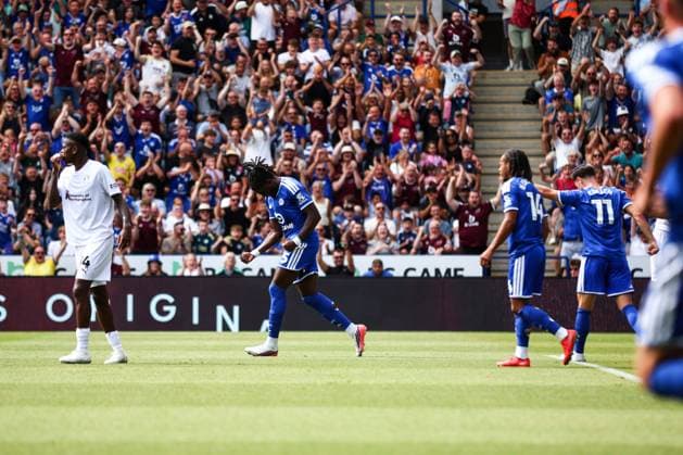 Caleb Okoli of Leicester City scores his sides first goal of the match and celebrates Leicester City v Northampton Town, EFL Carabao Cup, First Round, Football, King Power Stadium, Leicester, UK - 08 Aug 2026Leicester King Power Stadium United Kingdom EDITORIAL USE ONLY No use with unauthorised audio, video, data, fixture lists, club league logos or live services. Online in-match use limited to 120 images, no video emulation. No use in betting, games or single club league player publications.  Copyright: xMarkxKerton Shutterstockx 17051082bb