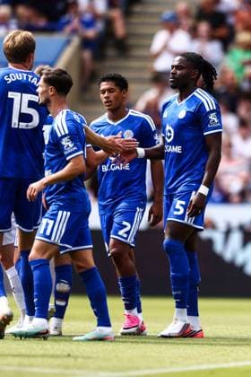 Caleb Okoli of Leicester City scores his sides first goal of the match and celebrates with team mates Leicester City v Northampton Town, EFL Carabao Cup, First Round, Football, King Power Stadium, Leicester, UK - 08 Aug 2026Leicester King Power Stadium United Kingdom EDITORIAL USE ONLY No use with unauthorised audio, video, data, fixture lists, club league logos or live services. Online in-match use limited to 120 images, no video emulation. No use in betting, games or single club league player publications.  Copyright: xMarkxKerton Shutterstockx 17051082be
