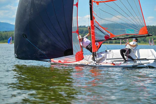 Alexandre Mostini and Raphael Allain of France compete during the finals of the 29er class European Championship, EM, Europameisterschaft on Lipno Reservoir, on August 8, 2026, Cerna v Posumavi, Czech Republic. (CTKxPhoto VaclavxPancer) CTKPhotoP2026080803148  CTKPhotoP2026080803148