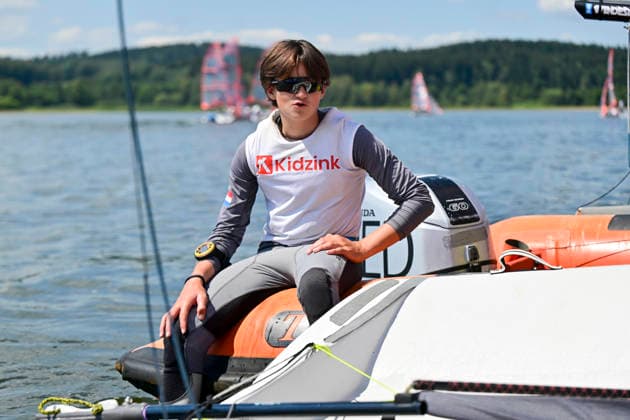 Felix Mulder of the winning Dutch crew during the finals of the 29er class European Championship, EM, Europameisterschaft on Lipno Reservoir, on August 8, 2026, Cerna v Posumavi, Czech Republic. (CTKxPhoto VaclavxPancer) CTKPhotoP2026080803232  CTKPhotoP2026080803232