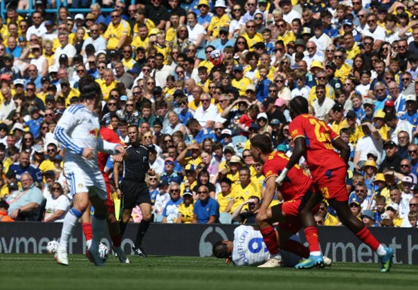 Leeds United v Leipzig, Pre-Season Friendly dominic calvert-lewin is brought down during the Pre-Season Friendly match between Leeds United and Leipzig at Elland Road, Leeds, UK on 8 August 2026. Leeds Elland Road West Yorkshire UK Editorial use only , Copyright: xStevexMowerx PSI-24676-0033