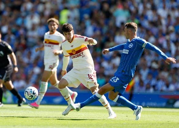 Matias Soule of AS Roma and Pascal Gross of Brighton and Hove Albion compete for the ball Brighton and Hove Albion v Roma, Pre Season Friendly, Football, American Express Community Stadium, Brighton, UK - 08 Aug 2026Brighton American Express Community Stadi United Kingdom EDITORIAL USE ONLY No use with unauthorised audio, video, data, fixture lists, club league logos or live services. Online in-match use limited to 120 images, no video emulation. No use in betting, games or single club league player publications.  Copyright: xMattxImpey Shutterstockx 17050873o
