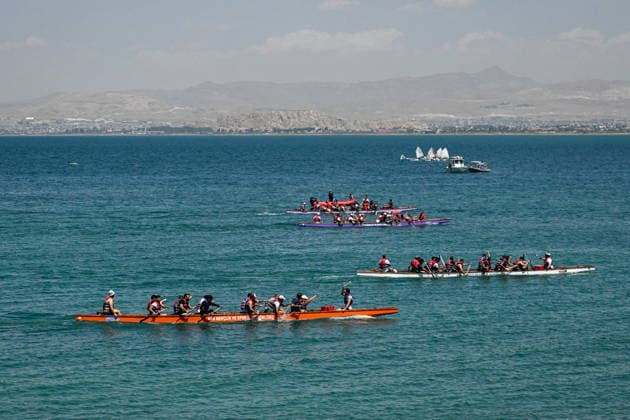 12th Van Sea Water Sports Festival kicks off on Lake Van VAN, TURKIYE - AUGUST 08: A view of participants and athletes taking part in the 12th Van Sea Water Sports Festival held at the Edremit-Gebze Water Sports Center on the shores of Lake Van in Van, Turkiye, on August 08, 2026. Organized to promote Lake Van and boost local tourism, the two-day event features Beach volleyball, Beachvolleyball and handball matches, flyboard demonstrations, canoeing, rowing, dragon boat races, and various recreational activities. Ozkan Bilgin Anadolu Van Turkey. Editorial use only. Please get in touch for any other usage.  Copyright: x2026xAnadoluxOzkanxBilginx