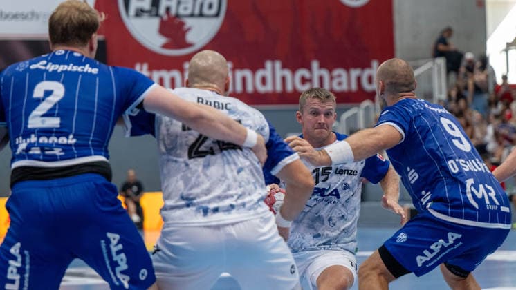 HANDBALL - ALPLA Sommercup HARD,AUSTRIA,08.AUG.26 - HANDBALL - ALPLA Sommercup, third place match, HC Hard vs TBV Lemgo Lippe. Image shows Lukas Hutecek (Lemgo), Dejan Babic, Jens Svane Peschardt (Hard) and Christian O Sullivan (Lemgo).  GEPAxpictures xOliverxLerch