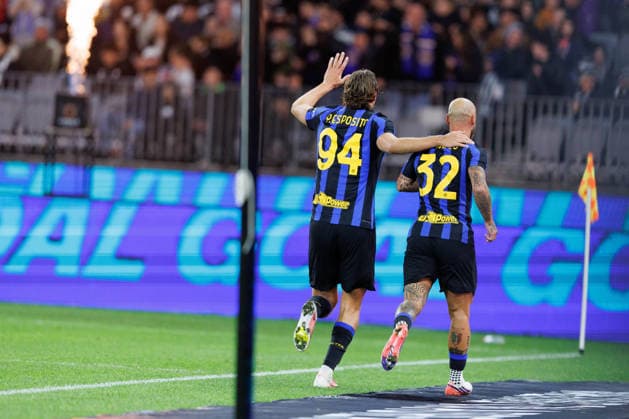 August 8, 2026, Perth, Wa, Australia: Francesco Pio Esposito and Federico Di Marco celebrate the opening goal during the Calcio Italiano match between Juventus FC and Internazionale FC at Optus Stadium in Perth. Perth Australia - ZUMAc318 20260808_znp_c318_033 Copyright: xJohnxCarusix