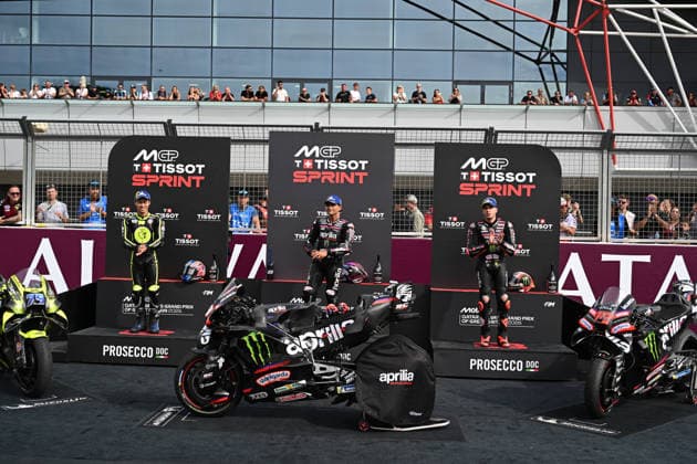RECORD DATE NOT STATED 8th August 2026; Silverstone Circuit, Northamptonshire, England; 2026 MotoGP Grand Prix of Great Britain, Qualifying Day; the podium for the MotoGP Sprint Race, 3rd Marco Bezzecchi of Aprilia Racing, 2nd Ai Ogura of SuperFile Trackhouse MotoGP Team, 1st Jorge Martin of Aprilia Racing SimonxWest