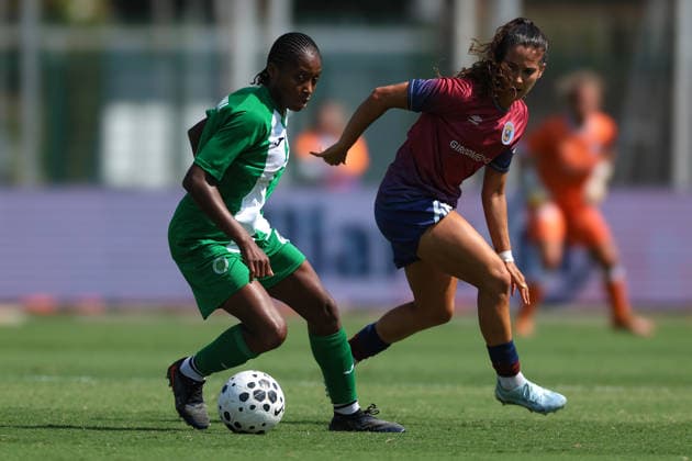 Biella, Italy, 8th August 2026. Nicole Ndjock Pouhe of KFF Apolonia and Barbara Lopes of SCU Torreense during the SCU Torreense vs KFF Apolonia UEFA Womens Champions League Play Offs 3rd place match at Stadio Vittorio Pozzo, Biella. Picture credit should read: Jonathan Moscrop Sportimage EDITORIAL USE ONLY. No use with unauthorised audio, video, data, fixture lists, club league logos or live services. Online in-match use limited to 120 images, no video emulation. No use in betting, games or single club league player publications. SPI_015_TORREENSE_APOLONIA SPI-4905-0015