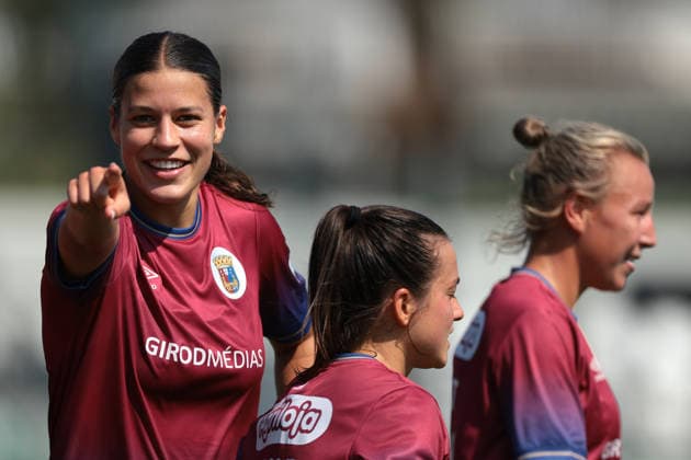 Biella, Italy, 8th August 2026. Ella Rose Tonkin of SCU Torreense celebrates with team mates after scoring to give the side a 2-0 lead during the SCU Torreense vs KFF Apolonia UEFA Womens Champions League Play Offs 3rd place match at Stadio Vittorio Pozzo, Biella. Picture credit should read: Jonathan Moscrop Sportimage EDITORIAL USE ONLY. No use with unauthorised audio, video, data, fixture lists, club league logos or live services. Online in-match use limited to 120 images, no video emulation. No use in betting, games or single club league player publications. SPI_019_TORREENSE_APOLONIA SPI-4905-0018