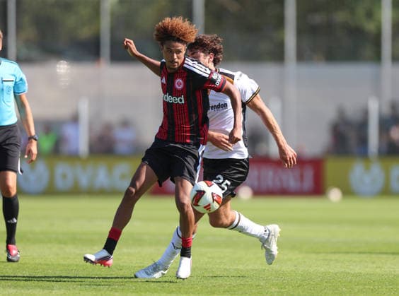 August 8, 2026, Soccer friendly match, Eintracht Frankfurt vs. Hull City, from left: Jean Matteo Bahoya (Eintracht Frankfurt), Matt Crooks (Hull City). DFL and DFB regulations prohibit any use of photographs as image sequences and or quasi-video. xdcx Copyright: HMBxMedia Claus