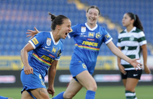 SOCCER - WCL, St.Poelten vs Sporting SANKT POELTEN,AUSTRIA,08.AUG.26 - SOCCER - UEFA Women s Champions League, qualification, SKN Sankt Poelten vs Sporting CP. Image shows the rejoicing of Fanny Vago and Magdalena Rukavina (St.Poelten).  GEPAxpictures xWalterxLuger