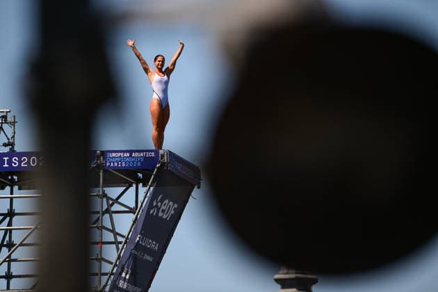 European Aquatics Championships 2026 - Women s 20m Platform High Diving Morgane Herculano from Switzerland during the Women’s 20m platform high diving at the European Aquatics Championships 2026 on the Seine River in Paris on August 8, 2026. Photo by Tomas Stevens ABACAPRESS.COM Paris France  Copyright: xStevensxTomas ABACAx