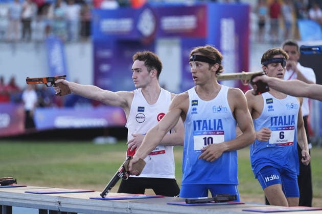 2026 European Modern pentathlon, moderner Fünfkampf Championships in Istanbul ISTANBUL, TURKIYE - AUGUST 8: Turkish athlete Kivanc Tasyaran (L) competes during the men s final of the 2026 European Modern Pentathlon Championships held at the Burhan Felek Sports Complex in Istanbul, Turkiye, on August 8, 2026. Bunyamin Celik Anadolu Istanbul Turkey. Editorial use only. Please get in touch for any other usage.  Copyright: x2026xAnadoluxBunyaminxCelikx