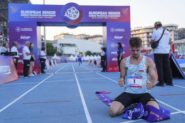 2026 European Modern pentathlon, moderner Fünfkampf Championships in Istanbul ISTANBUL, TURKIYE - AUGUST 8: Russian athlete Egor Gromadskii celebrates victorry after completing the men s final of the 2026 European Modern Pentathlon Championships held at the Burhan Felek Sports Complex in Istanbul, Turkiye, on August 8, 2026. Bunyamin Celik Anadolu Istanbul Turkey. Editorial use only. Please get in touch for any other usage.  Copyright: x2026xAnadoluxBunyaminxCelikx