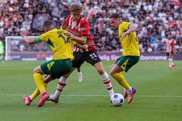 EINDHOVEN , 08-08-2026 , Philips stadium , season 2026 2027 , Dutch Eredivisie football , match between PSV and Fortuna Sittard , picture shows PSV player Sven Mijnans , Fortuna Sittard Player Ivo Pinto , Fortuna Sittard Player Philip Brittijn PSV - Fortuna  x205556622x Copyright: