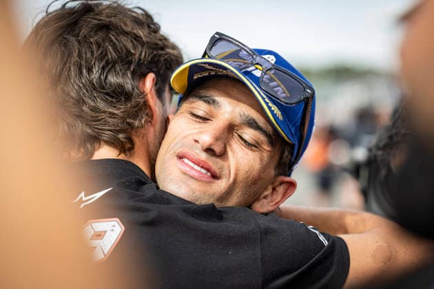 RECORD DATE NOT STATED 8th August 2026; Silverstone Circuit, Northamptonshire, England; 2026 MotoGP Grand Prix of Great Britain, Qualifying Day; Jorge Martin of the Aprilia Racing Team celebrates with his team after winning the Tissot sprint race GodfreyxPitt