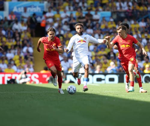 Leeds United v Leipzig, Pre-Season Friendly jayden bogle makes a tackle during the Pre-Season Friendly match between Leeds United and Leipzig at Elland Road, Leeds, UK on 8 August 2026. Leeds Elland Road West Yorkshire UK Editorial use only , Copyright: xStevexMowerx PSI-24676-0100