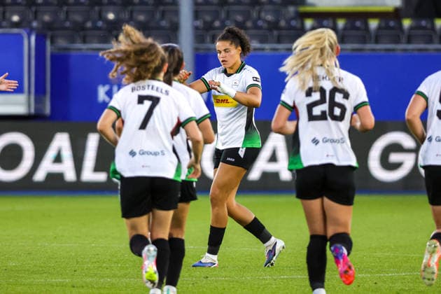 260808 UWCL OH Leuven vs Fenerbahce OH Leuven players celebrating the goal of Jada Conijnenberg (9) of OH Leuven (1-1) during a female soccer game between OH Leuven (BEL) and Fenerbahce (TUR) Final of second qualifying round of UEFA Champions League Mini Tournament 5, on Saturday 8 August 2026 in LEUVEN , BELGIUM . PHOTO SPORTPIX Sevil Oktem LEUVEN DEN DREEF BELGIUM  Copyright: xSportpix.bex xSevilxOktemxSevilxOktemx