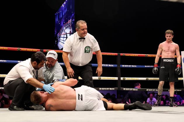 Zuffa Boxing 10, 3Arena, Dublin 8 8 2026 Sam Hickey looks on after knocking out Brad Axe Sam Hickey looks on after knocking out Brad Axe 8 8 2026  Copyright: xx AC013218