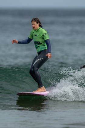 Surfing, Boardmasters 2026, World Surf League Emily Currie (Great Britain) during the LQS1000 Longboard Pro Finals at the Boardmasters 2026 surfing championships at Fistral Beach, Newquay, UK on 8 August 2026. Newquay Fistral Beach Hampshire UK Editorial use only , Copyright: xStevexBaileyx PSI-24643-0449