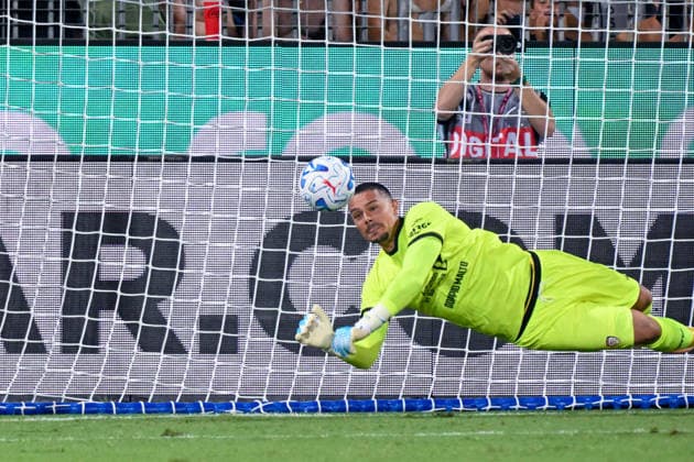 Cagliari s Elia Caprile saves a penalty kick during the Serie A soccer match between Cagliari Calcio and Nice at the Unipol Domus in Cagliari, Sardinia - Saturday 8th august 2026. - Soccer  Copyright: x Â®xGianlucaxZuddas LaPressex