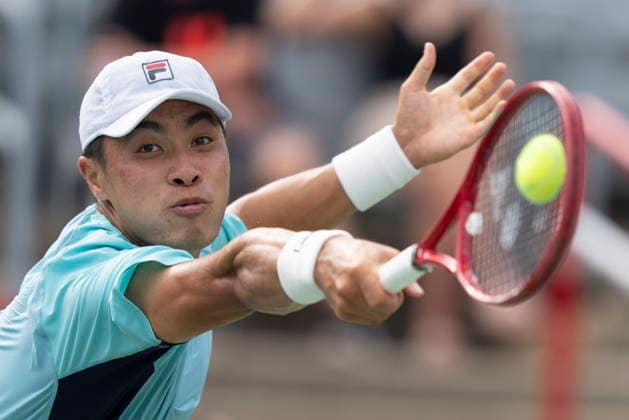 August 8, 2026, Montreal, Pq, Canada: Brandon Nakashima of the United States hits a return to Arthur Rinderknech of France during round of 16 tennis action at the National Bank Open in Montreal on Saturday, Aug. 8, 2026. Canada News - August 8, 2026  - ZUMAc35_ 20260808_zaf_c35_064 Copyright: xChristinnexMuschix