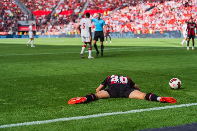 Ibrahim Maza (Bayer 04 Leverkusen, 30) am Boden Bayer 04 Leverkusen vs. FC Sevilla, Fussball, Saisoneroeffnungspiel, Freundschaftsspiel, Saison 2026 27, 08.08.2026, DFL REGULATIONS PROHIBIT ANY USE OF PHOTOGRAPHS AS IMAGE SEQUENCES AND OR QUASI-VIDEO, Bayer 04 Leverkusen vs. FC Sevilla, Fussball, Saisoneroeffnungsspiel, Freundschaftsspiel, Saison 2026 27, 08.08.2026 Leverkusen *** Ibrahim Maza of Bayer 04 Leverkusen, 30, on the ground during the Bayer 04 Leverkusen vs. FC Sevilla match, soccer, season opener, friendly match, 2026–27 season, August 8, 2026, DFL regulations prohibit any use of photographs as image sequences and or quasi-video, Bayer 04 Leverkusen vs. FC Sevilla, soccer, season opener, friendly match, 2026–27 season, August 8, 2026, Leverkusen Copyright: xEibner-Pressefoto LukasxBaldygax EP_LBA