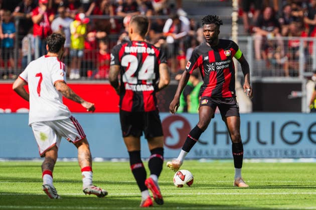 Isaac Romero (FC Sevilla, 07), Aleix Garcia (Bayer 04 Leverkusen, 24), Edmond Tapsoba (Bayer 04 Leverkusen, 12) stark im Aufbau Bayer 04 Leverkusen vs. FC Sevilla, Fussball, Saisoneroeffnungspiel, Freundschaftsspiel, Saison 2026 27, 08.08.2026, DFL REGULATIONS PROHIBIT ANY USE OF PHOTOGRAPHS AS IMAGE SEQUENCES AND OR QUASI-VIDEO, Bayer 04 Leverkusen vs. FC Sevilla, Fussball, Saisoneroeffnungsspiel, Freundschaftsspiel, Saison 2026 27, 08.08.2026 Leverkusen *** Isaac Romero, FC Sevilla, 07, Aleix Garcia, Bayer 04 Leverkusen, 24, Edmond Tapsoba, Bayer 04 Leverkusen, 12, strong in the build-up, Bayer 04 Leverkusen vs. FC Sevilla, soccer, season opener, friendly match, 2026–27 season, August 8, 2026, DFL regulations prohibit any use of photographs as image sequences and or quasi-video, Bayer 04 Leverkusen vs. FC Sevilla, soccer, season opener, friendly match, 2026–27 season, August 8, 2026, Leverkusen Copyright: xEibner-Pressefoto LukasxBaldygax EP_LBA