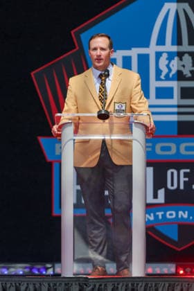 August 8, 2026: Drew Brees gives his Hall of Fame speech during the NFL, American Football Herren, USA Hall of Fame Enshrinement Ceremony at the Tom Benson Hall of Fame Stadium in Canton, OH. CSM Canton USA - ZUMAc04_ 20260808_zma_c04_254 Copyright: xJonathanxMailhesx