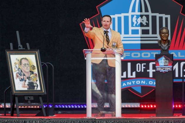 August 8, 2026: Drew Brees gives his Hall of Fame speech during the NFL, American Football Herren, USA Hall of Fame Enshrinement Ceremony at the Tom Benson Hall of Fame Stadium in Canton, OH. CSM Canton USA - ZUMAc04_ 20260808_zma_c04_275 Copyright: xJonathanxMailhesx
