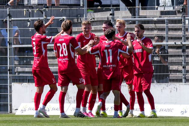 Spieler vom TSV Steinbach Haiger, jubeln über das Tor zum 1:2, Jubel, Torjubel, Torerfolg, celebrate the goal, goal, celebration, jubelt ueber das Tor, Freuen, Freude, freut sich, optimistisch, positiv, Spielszene, Highlight, Action, Aktion, 08.08.2026, Sandhausen (Deutschland), Fussball, Regionalliga Südwest, SV Sandhausen - TSV Steinbach Haiger *** Players from TSV Steinbach Haiger celebrate the goal that makes the score 1–2, Celebration, goal celebration, goal scored, celebrating the goal, goal, celebration, cheering over the goal, joy, happiness, happy, optimistic, positive, game scene, highlight, action, 08 08 2026, Sandhausen, Germany, soccer, Regionalliga Südwest, SV Sandhausen vs. TSV Steinbach Haiger xozx