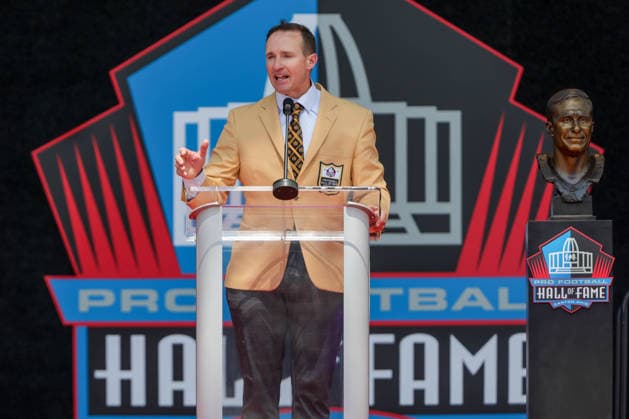 NFL, American Football Herren, USA 2026: NFL Hall Of Fame Enshrinement Ceremony AUG 08 August 8, 2026: Drew Brees gives his Hall of Fame speech during the NFL Hall of Fame Enshrinement Ceremony at the Tom Benson Hall of Fame Stadium in Canton, OH. Jonathan Mailhes CSM (Credit Image: Â Jonathan Mailhes Cal Media) Canton Oh USA EDITORIAL USE ONLY Copyright: xx ZUMA-20260808_zma_c04_251.jpg JonathanxMailhesx csmphotothree509793