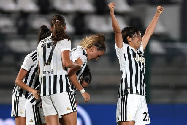Biella, Italy, 8th August 2026. Remina Chiba of Juventus celebrates with team mates Ana Capeta, Emma Stolen Godo, Estela Carbonell and Barbara Bonansea after scoring to give the hosts a 3-1 lead during the Juventus Women vs Hammarby IF UEFA Womens Champions League match at Stadio Vittorio Pozzo, Biella. Picture credit should read: Jonathan Moscrop Sportimage EDITORIAL USE ONLY. No use with unauthorised audio, video, data, fixture lists, club league logos or live services. Online in-match use limited to 120 images, no video emulation. No use in betting, games or single club league player publications. SPI_014_JM_JUVE_HAMMARBY_UWCL SPI-4904-0014