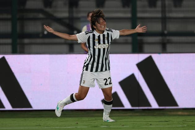 Biella, Italy, 8th August 2026. Remina Chiba of Juventus celebrates after scoring to give the side a 3-1 lead during the Juventus Women vs Hammarby IF UEFA Womens Champions League match at Stadio Vittorio Pozzo, Biella. Picture credit should read: Jonathan Moscrop Sportimage EDITORIAL USE ONLY. No use with unauthorised audio, video, data, fixture lists, club league logos or live services. Online in-match use limited to 120 images, no video emulation. No use in betting, games or single club league player publications. SPI_015_JM_JUVE_HAMMARBY_UWCL SPI-4904-0015