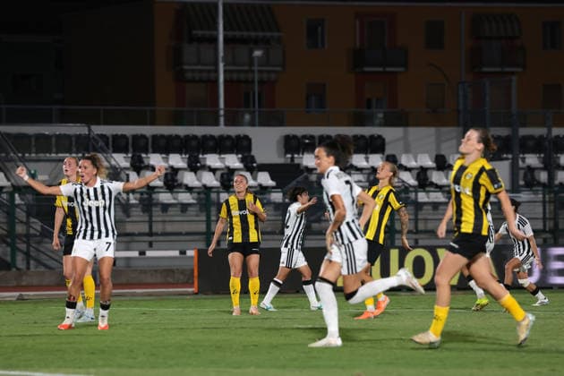 Biella, Italy, 8th August 2026. Remina Chiba of Juventus celebrates after scoring to give the hosts a 3-1 lead during the Juventus Women vs Hammarby IF UEFA Womens Champions League match at Stadio Vittorio Pozzo, Biella. Picture credit should read: Jonathan Moscrop Sportimage EDITORIAL USE ONLY. No use with unauthorised audio, video, data, fixture lists, club league logos or live services. Online in-match use limited to 120 images, no video emulation. No use in betting, games or single club league player publications. SPI_020_JM_JUVE_HAMMARBY_UWCL SPI-4904-0020