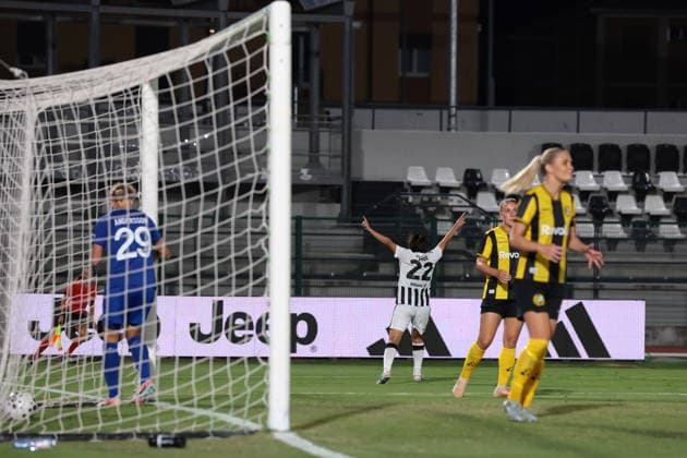 Biella, Italy, 8th August 2026. Remina Chiba of Juventus celebrates after scoring to give the hosts a 3-1 lead during the Juventus Women vs Hammarby IF UEFA Womens Champions League match at Stadio Vittorio Pozzo, Biella. Picture credit should read: Jonathan Moscrop Sportimage EDITORIAL USE ONLY. No use with unauthorised audio, video, data, fixture lists, club league logos or live services. Online in-match use limited to 120 images, no video emulation. No use in betting, games or single club league player publications. SPI_024_JM_JUVE_HAMMARBY_UWCL SPI-4904-0024