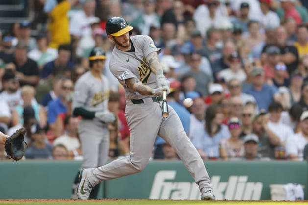 Athletics Jonah Heim hits a two run single during the fifth inning against the Boston Red Sox at Fenway Park in Boston, Massachusetts on Saturday, August 8, 2026.  BOP2026080811 CJxGUNTHER