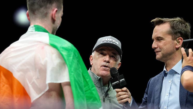 Zuffa Boxing 10, 3Arena, Dublin 8 8 2026 Fergal McKenna is interviewed after the fight Fergal McKenna is interviewed after the fight 8 8 2026  Copyright: xx NE1L5737