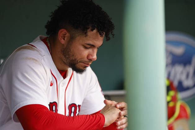 Boston Red Sox first baseman Willson Contreras sits in the dugout during the eighth inning against the Athletics at Fenway Park in Boston, Massachusetts on Saturday, August 8, 2026.  BOP2026080817 CJxGUNTHER