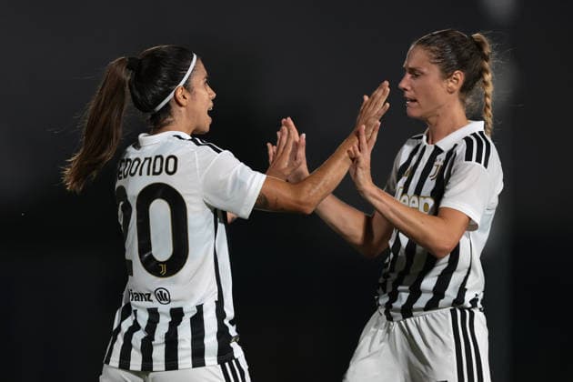 Biella, Italy, 8th August 2026. Alba Redondo of Juventus celebrates with team mate Cecilia Salvai after scoring to level the game at 1-1 during the Juventus Women vs Hammarby IF UEFA Womens Champions League match at Stadio Vittorio Pozzo, Biella. Picture credit should read: Jonathan Moscrop Sportimage EDITORIAL USE ONLY. No use with unauthorised audio, video, data, fixture lists, club league logos or live services. Online in-match use limited to 120 images, no video emulation. No use in betting, games or single club league player publications. SPI_027_JM_JUVE_HAMMARBY_UWCL SPI-4904-0027