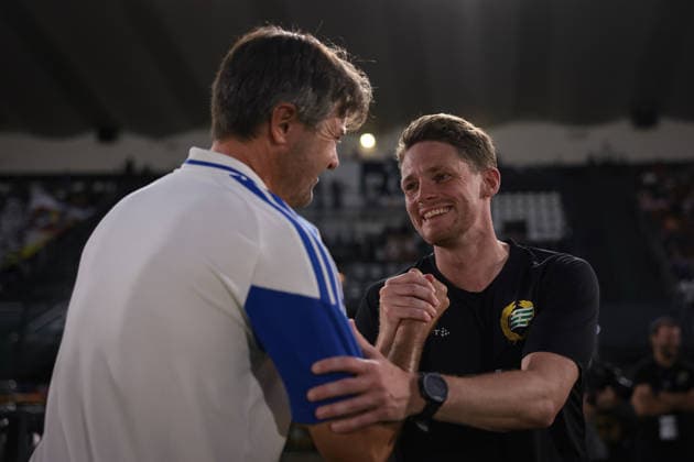 Biella, Italy, 8th August 2026. Isaac Oriol Guerrero Hernandez Head coach of Juventus and William Stromberg Head Coach of Hammarby IF shake hands prior to kick off in the Juventus Women vs Hammarby IF UEFA Womens Champions League match at Stadio Vittorio Pozzo, Biella. Picture credit should read: Jonathan Moscrop Sportimage EDITORIAL USE ONLY. No use with unauthorised audio, video, data, fixture lists, club league logos or live services. Online in-match use limited to 120 images, no video emulation. No use in betting, games or single club league player publications. SPI_028_JM_JUVE_HAMMARBY_UWCL SPI-4904-0028