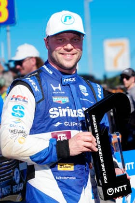 August 8, 2026, Portland, Oregon, USA: Felix Rosenqvist, driver of the 60 Meyer Shank Racing Honda, celebrates after capturing pole position during qualifying for the IndyCar, Indy Car, IRL, USA Grand Prix of Portland at the Portland International Raceway. Portland USA - ZUMAd212 20260808_zsp_d212_007 Copyright: xRichardxDolex