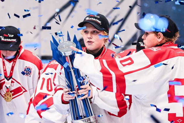 RUSSIA, MYTISHCHI - AUGUST 8, 2026: Gold medal winners, Spartak Moscow U12, celebrate with the trophy during the victory ceremony after the 2026 Ovi Cup final Ice hockey, Eishockey match in Mytishchi, northeast of Moscow. Ovi Cup is an annual youth ice hockey tournament named after three-time world champion Alexander Ovechkin and first held in 2018. Sofya Sandurskaya TASS  95915536