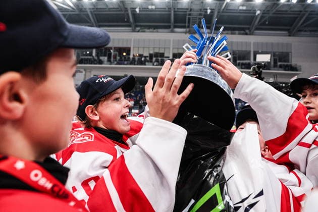 RUSSIA, MYTISHCHI - AUGUST 8, 2026: Gold medal winners, Spartak Moscow U12, celebrate with the trophy during the victory ceremony after the 2026 Ovi Cup final Ice hockey, Eishockey match in Mytishchi, northeast of Moscow. Ovi Cup is an annual youth ice hockey tournament named after three-time world champion Alexander Ovechkin and first held in 2018. Sofya Sandurskaya TASS  95915539