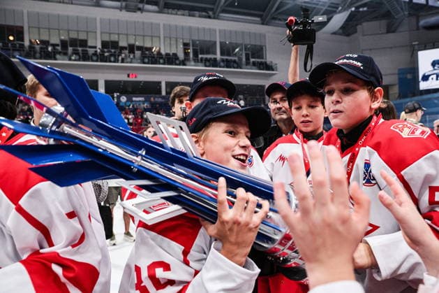 RUSSIA, MYTISHCHI - AUGUST 8, 2026: Gold medal winners, Spartak Moscow U12, celebrate with the trophy during the victory ceremony after the 2026 Ovi Cup final Ice hockey, Eishockey match in Mytishchi, northeast of Moscow. Ovi Cup is an annual youth ice hockey tournament named after three-time world champion Alexander Ovechkin and first held in 2018. Sofya Sandurskaya TASS  95915561